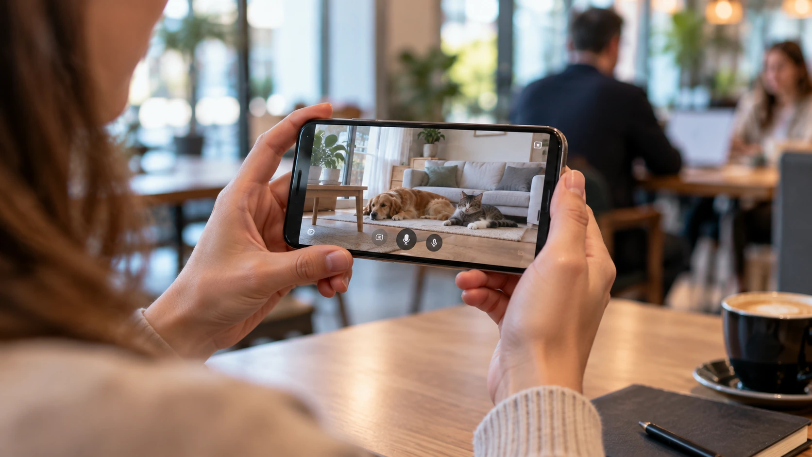 persona mirando camara en smartphone para ver su perro o gato en casa ver mascota desde el móvil sin suscripción
